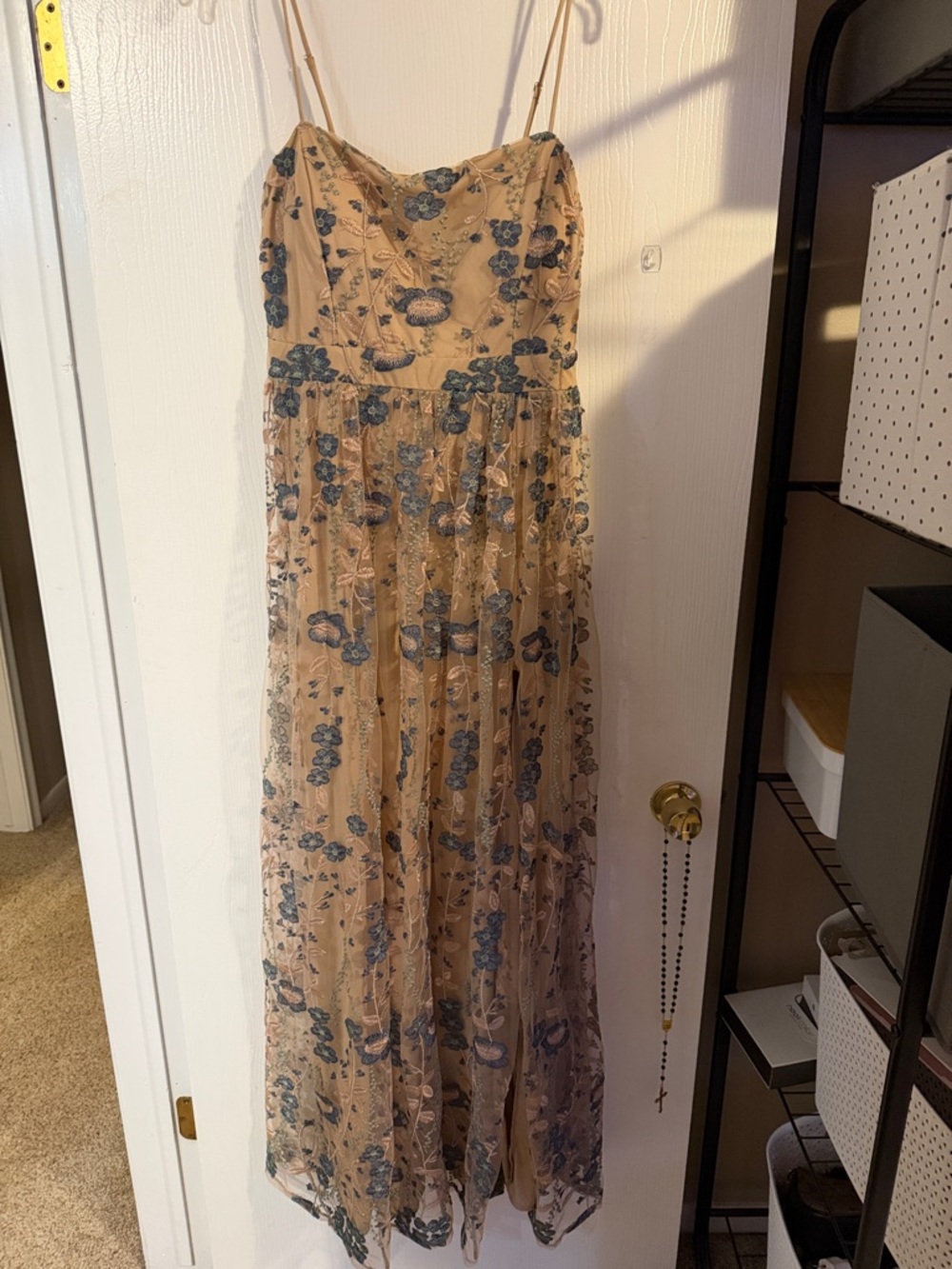 DEVON WINDSOR Beige Maxi Dress with Blue Floral Embroidery